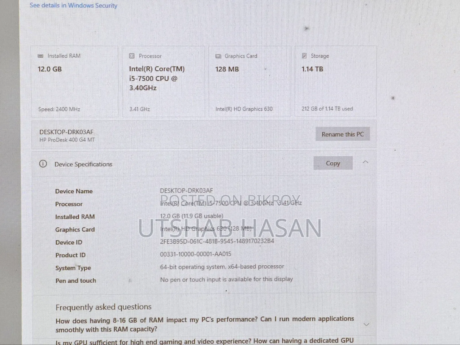 ডেস্কটপ কম্পিউটার HP ProDesk 400 G4 12GB Intel HDD+SSD 1T
