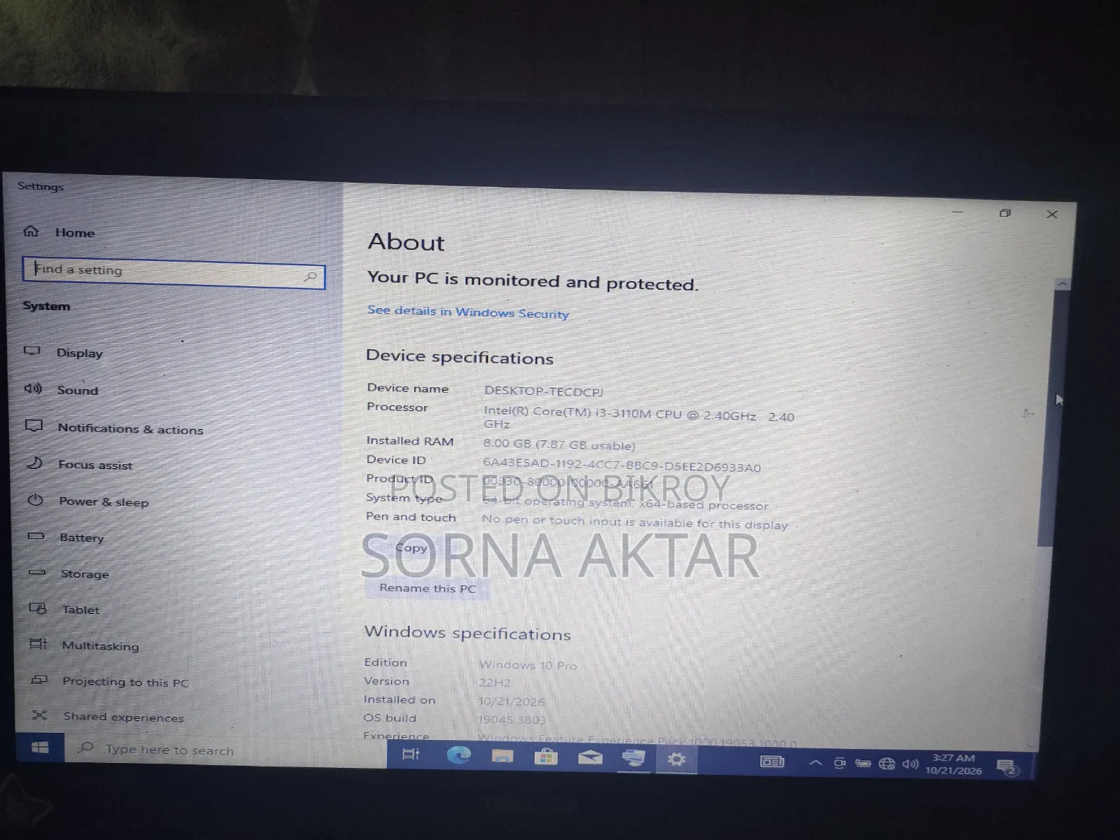 Laptop Toshiba Satellite Pro A300 8GB Intel Core i3 SSD 128GB