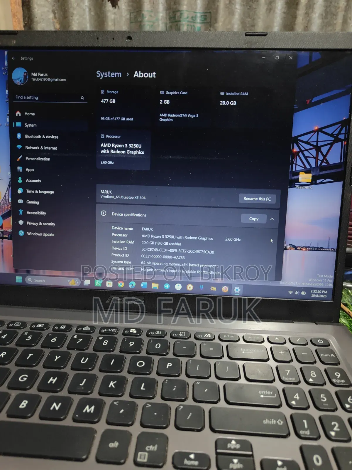 Laptop Asus Vivobook 15 20GB AMD Ryzen 3 HDD 512GB