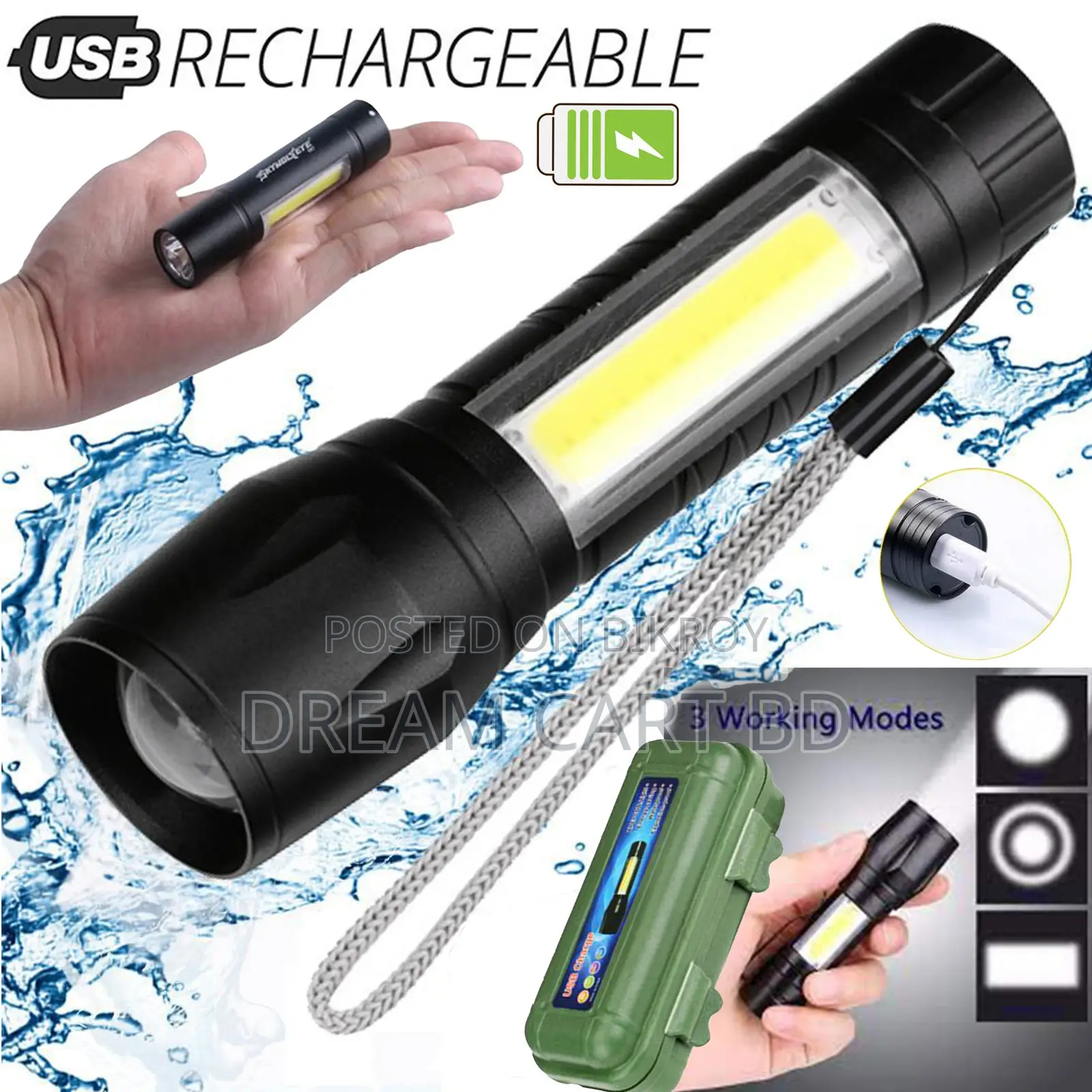 Telescopic Zoom Rechargeable XPE+COB LED Mini Torch Light
