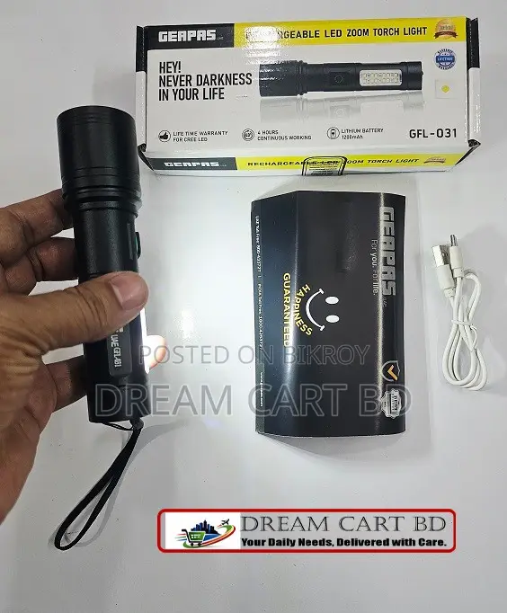 Geapas GFL-031 Rechargeable LED Zoom Torch Light With COB Side Light