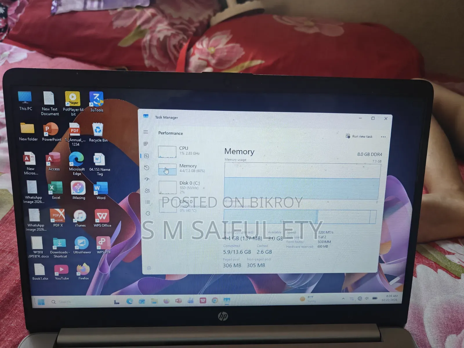 Laptop HP 15s 8GB HDD+SSD 512GB