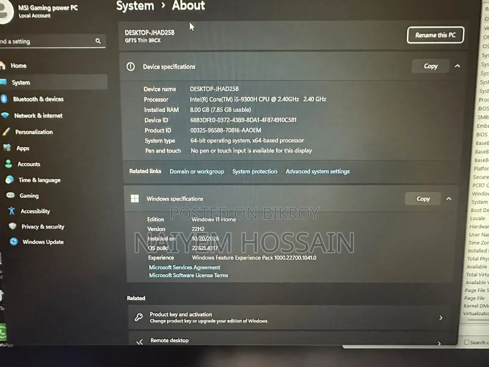 Laptop MSI GF75 Thin 8GB Intel Core i5 SSHD+SSD 1.5T