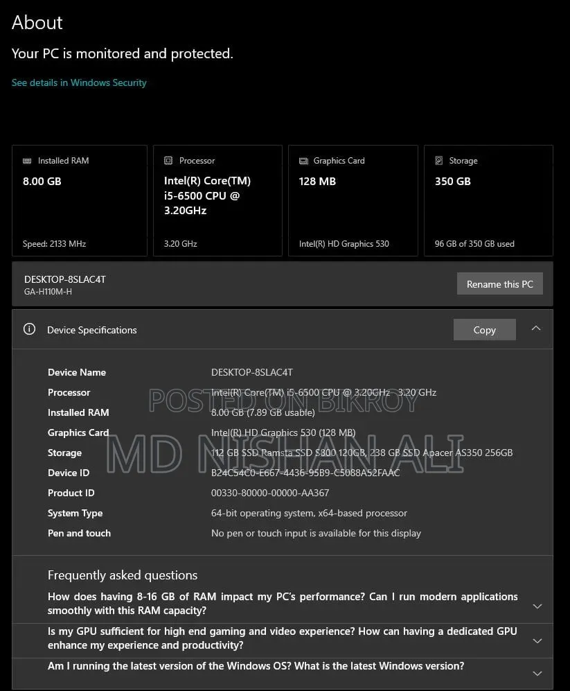 Gigabyte GA-H110MSTX-HD3-ZK 8GB RAM Intel Core i5 Processor 256GB SSD
