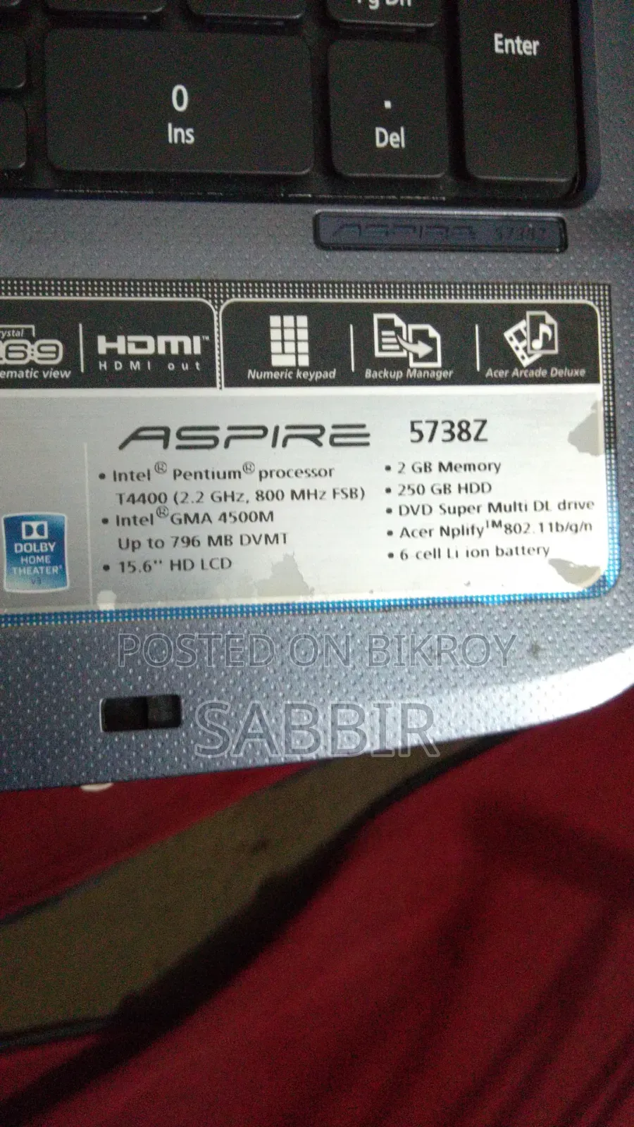 ল্যাপটপ Acer Aspire 5738G 4GB ইন্টেল পেন্টিয়াম SSD 256GB