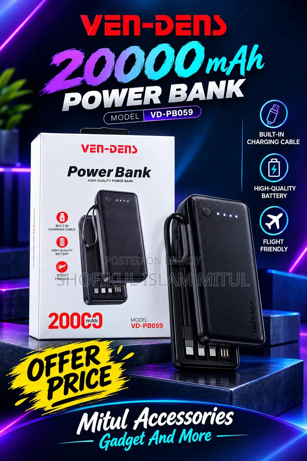 Ven-Dens 20,000 Mah Power Bank With Cable New Intact