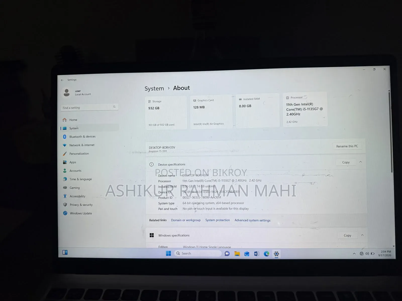 ল্যাপটপ ডেল ইন্সপায়রন ১৫ ৮জিবি ইন্টেল কোর আই৫ এইচডিডি ১টি