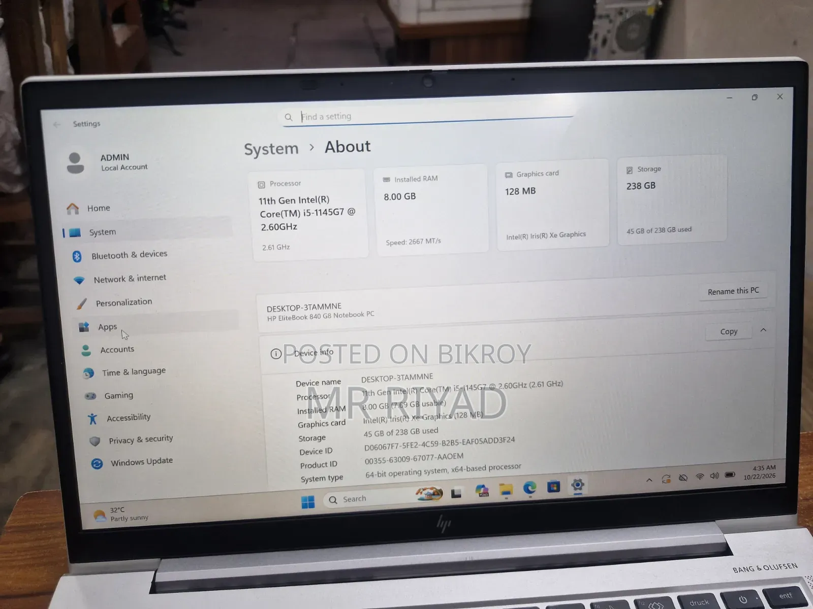 ল্যাপটপ HP EliteBook 840 G8 8GB Intel Core i5 SSD 256GB