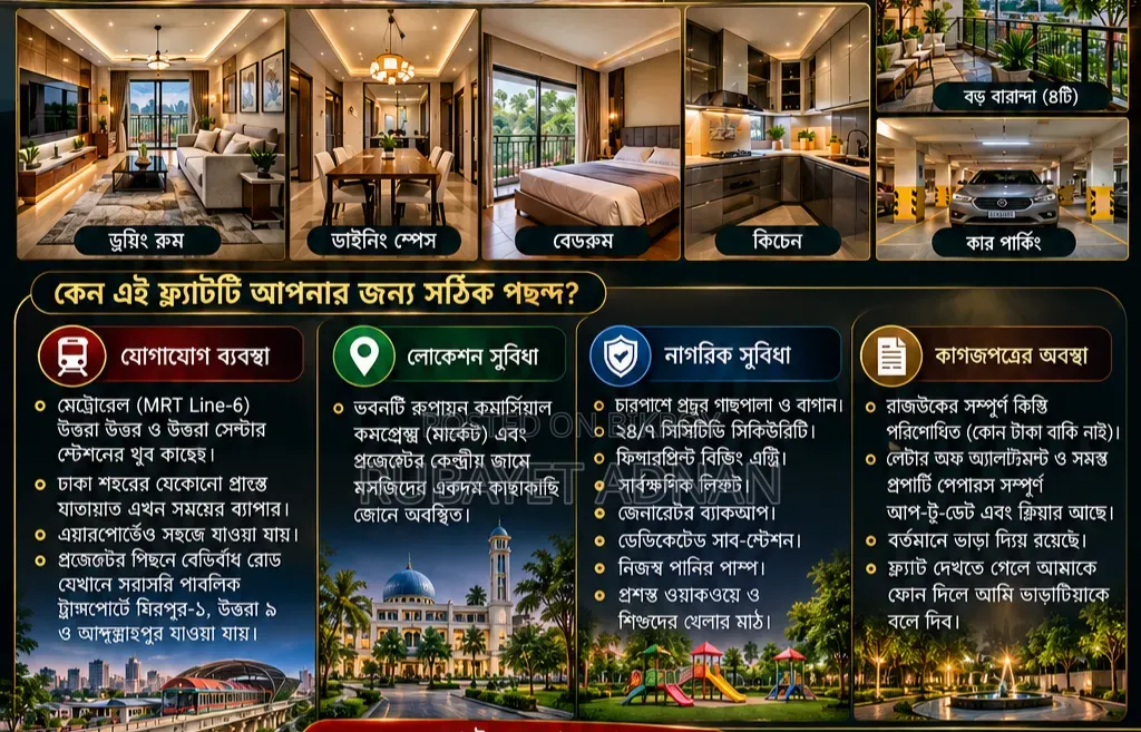 ৩ বেডরুমের অ্যাপার্টমেন্ট উত্তরা ১৮ রাজউক, উত্তরায় বিক্রয়ের জন্য