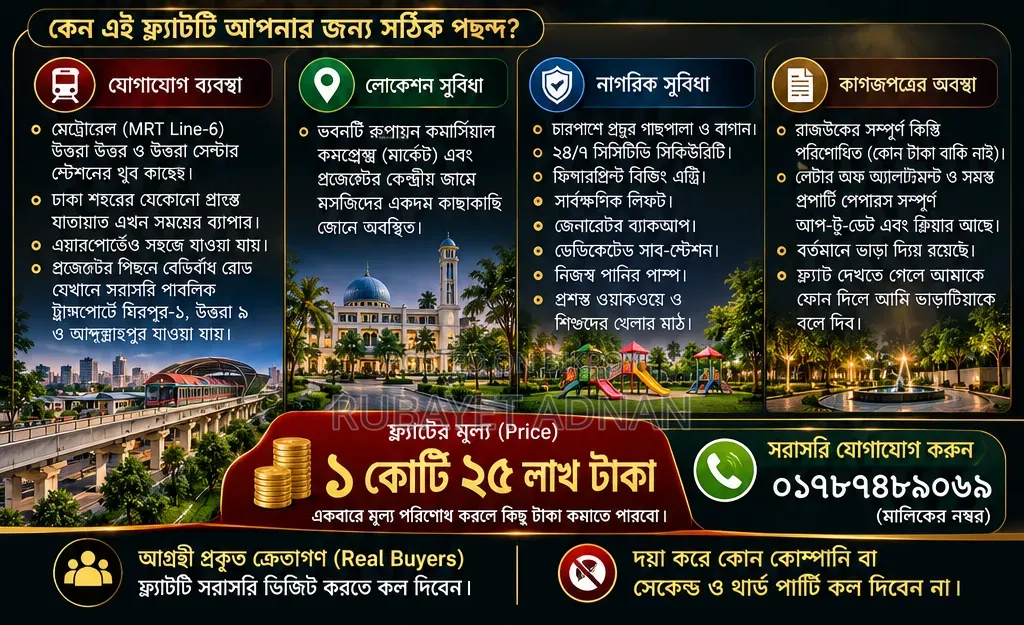 ৩ বেডরুমের অ্যাপার্টমেন্ট উত্তরা ১৮ রাজউক, উত্তরায় বিক্রয়ের জন্য