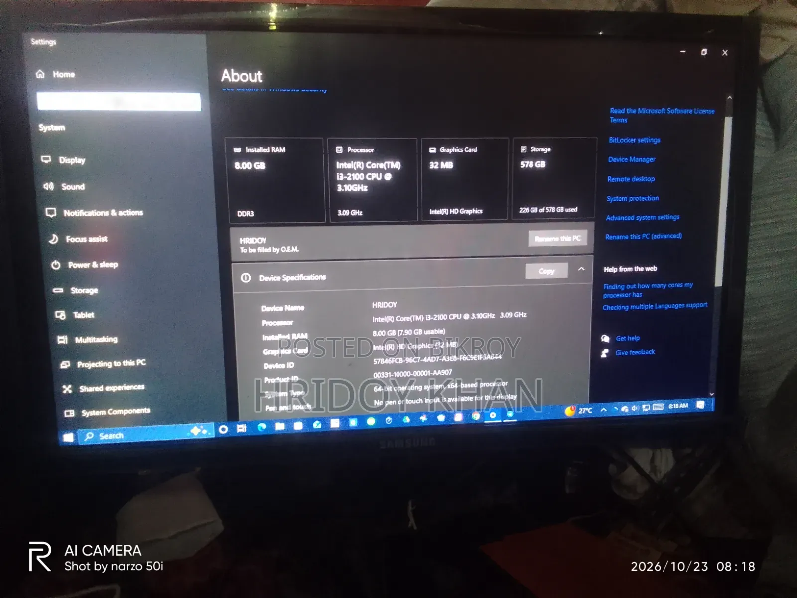 Desktop Computer 8GB Intel Core i3 HDD+SSD 512GB