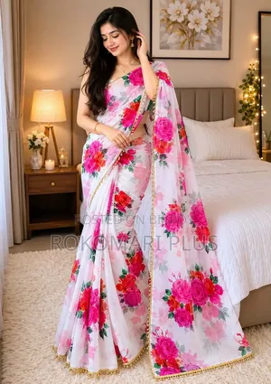 প্রিমিয়াম সফট জর্জেট শাড়ি পার্ল ওয়ার্ক সহ
