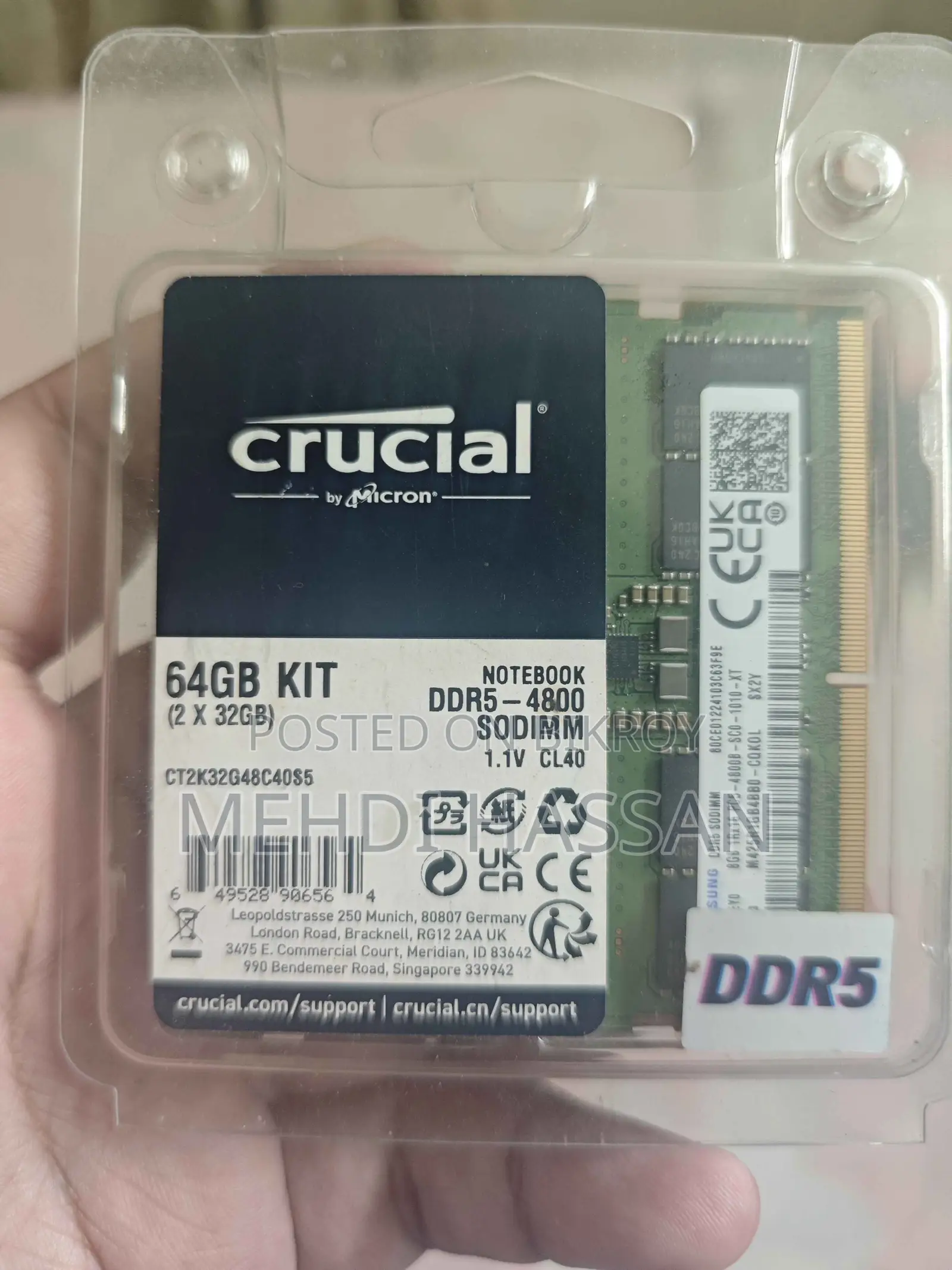 Crucial 64GB DDR5 Laptop RAM Kit (2×32GB) – 4800MHz CL40 Micron