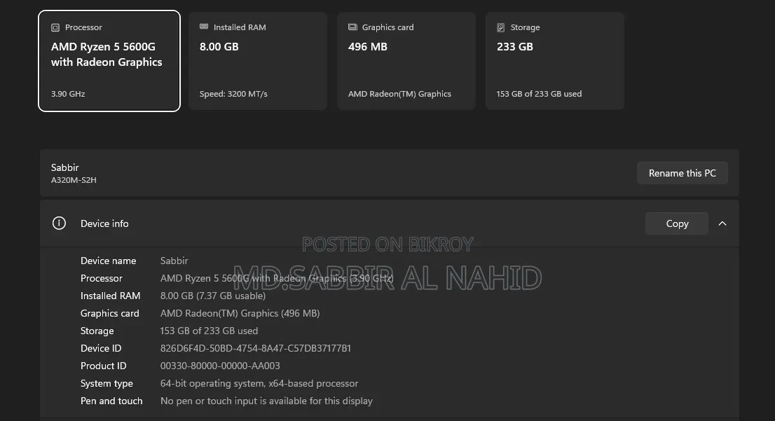 Desktop Computer Gigabyte 8GB AMD Ryzen 5 SSD 256GB