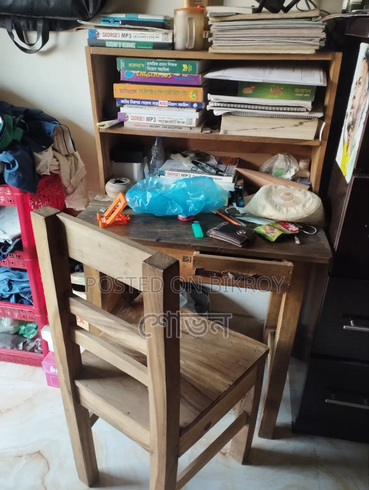 Study table and chair with wooden shelf