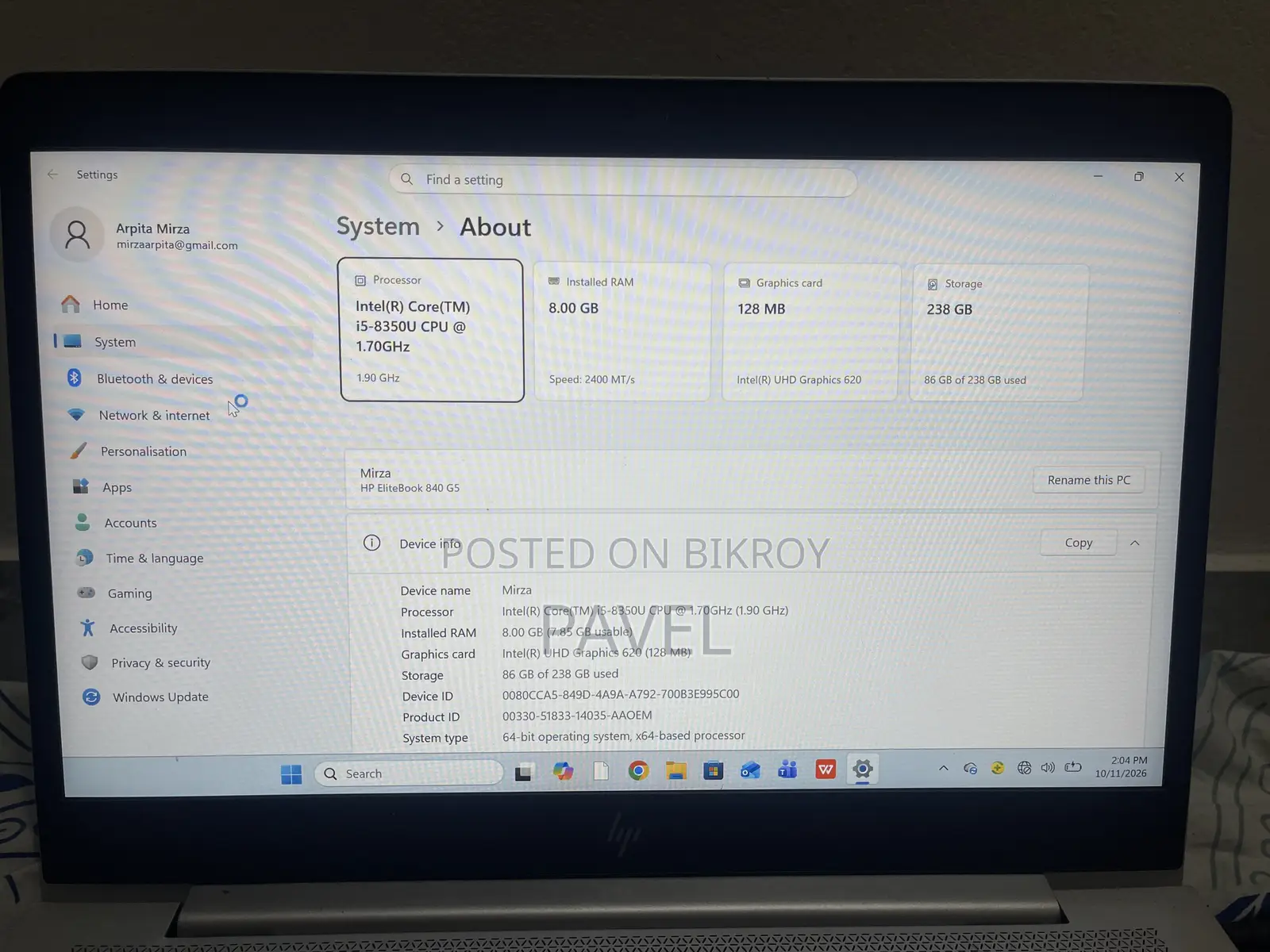 Laptop HP EliteBook 840 G5 8GB Intel Core i5 SSD 256GB