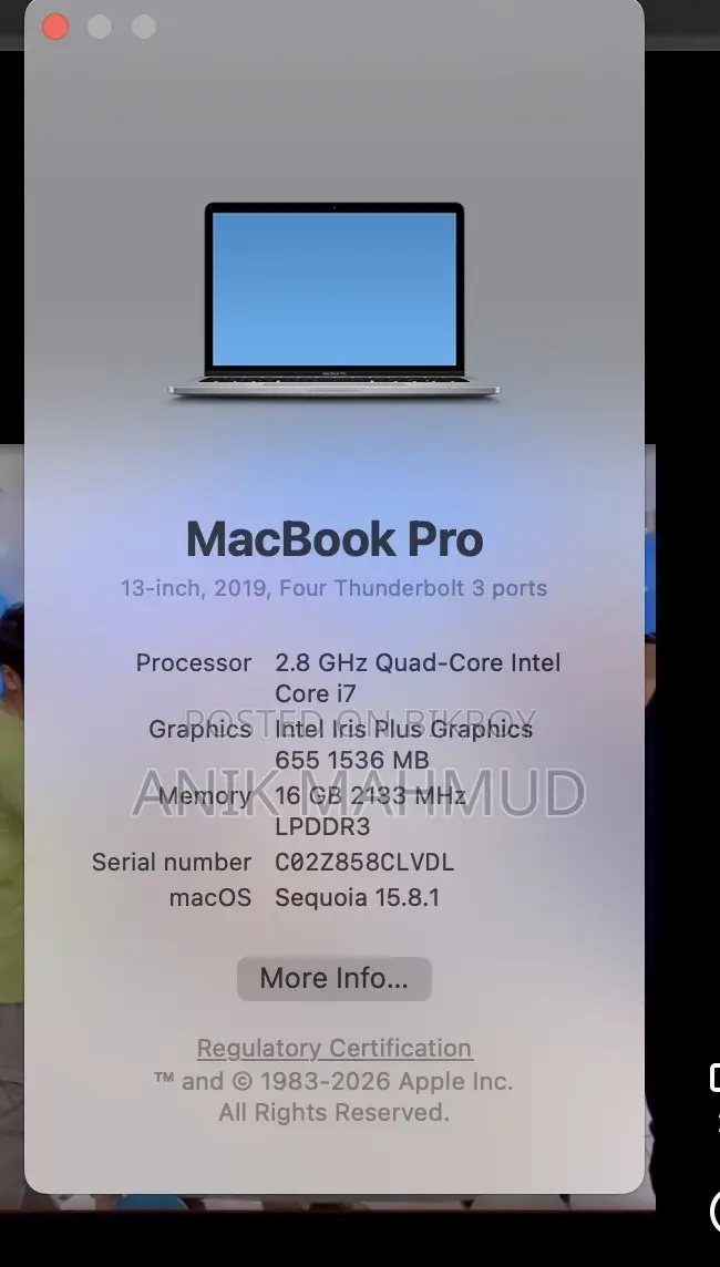 Laptop Apple MacBook Pro 2019 16GB Intel Core i7 SSD 512GB