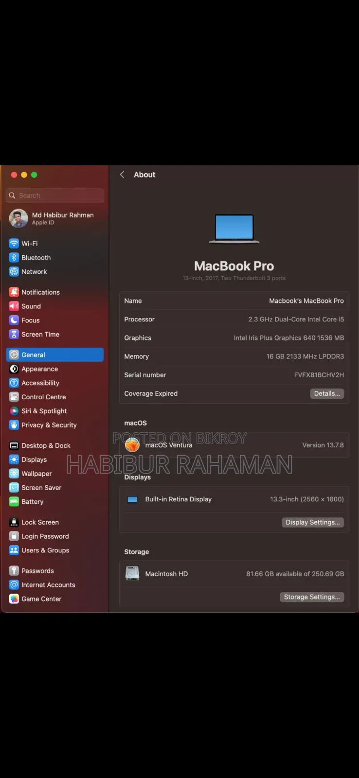 Laptop Apple MacBook Pro 2017 16GB Intel Core i5 SSD 256GB