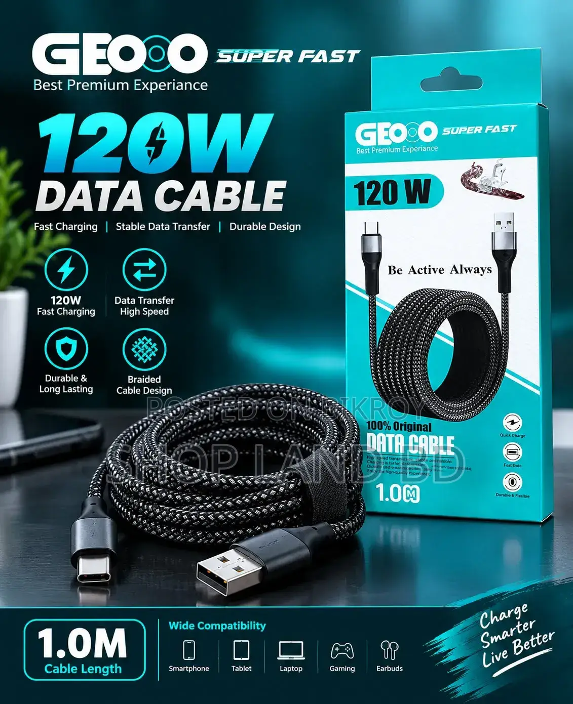 GEOO 120W Super Fast Data Cable | 1 মিটার | কালো ব্রেইডেড চার্জিং কেবল