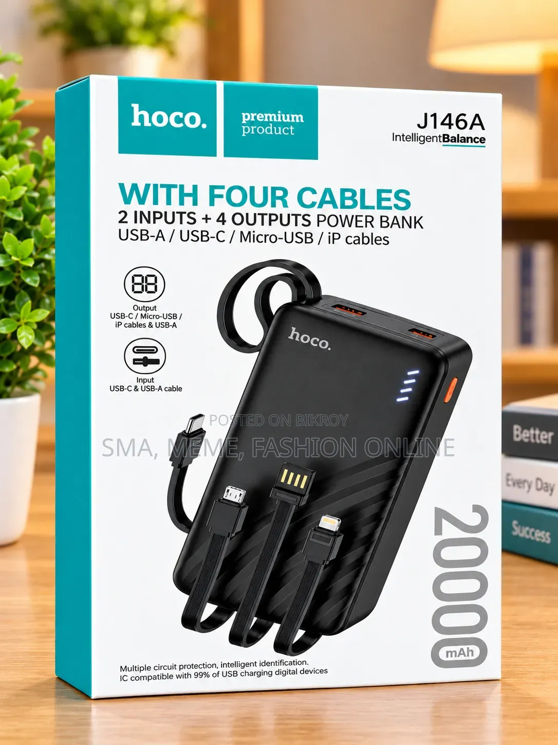 Hoco J146A 20000mAh Power Bank With Built-in 4 Cables