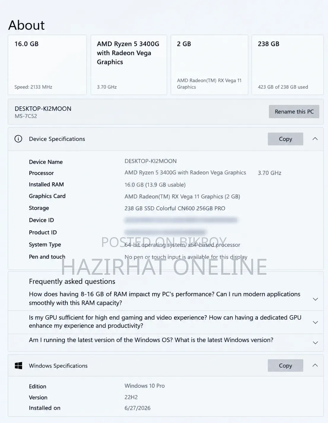 Desktop Computer MSI model 16GB AMD Ryzen 5 SSD 256GB