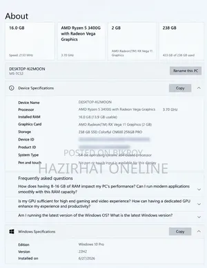 Desktop Computer MSI model 16GB AMD Ryzen 5 SSD 256GB