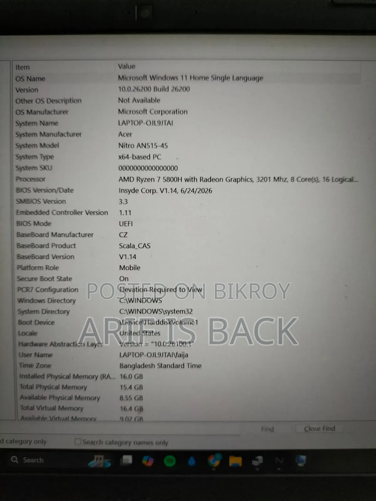 Laptop Acer Nitro 5 16GB AMD Ryzen 7 SSD 256GB