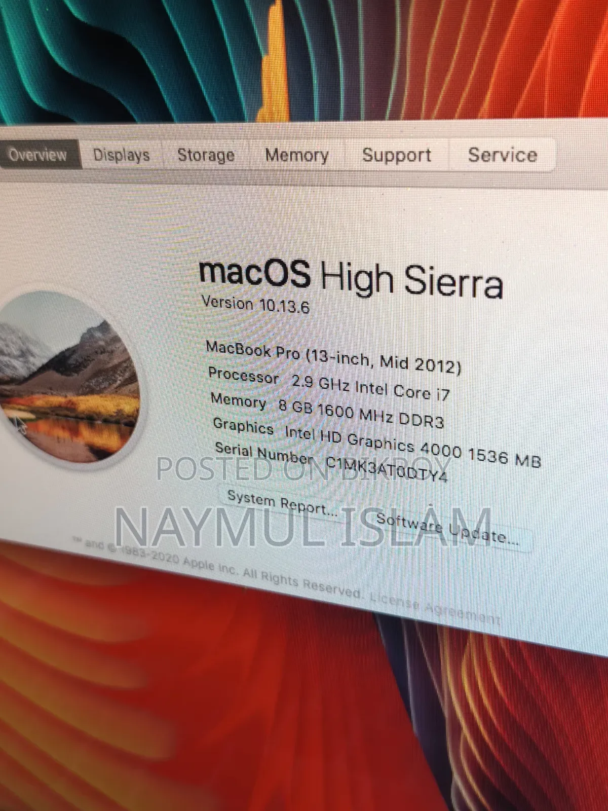 Laptop Apple MacBook Pro 8GB Intel Core i7 HDD 500GB