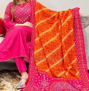 Premium Cotton Jaipur Chunri Three-Piece (Bright Pink & Orange)