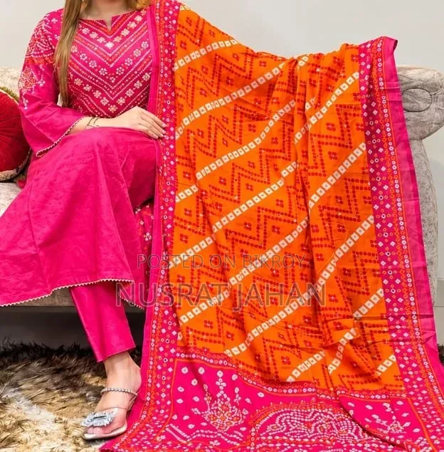 Premium Cotton Jaipur Chunri Three-Piece (Bright Pink & Orange)