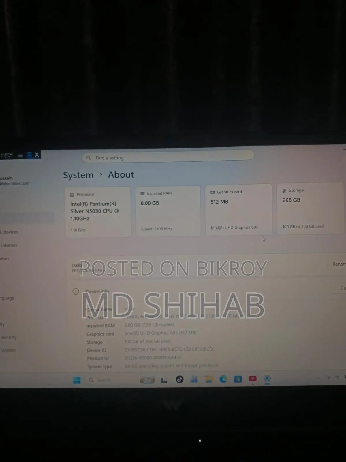 Laptop 8GB Intel Pentium SSD 256GB