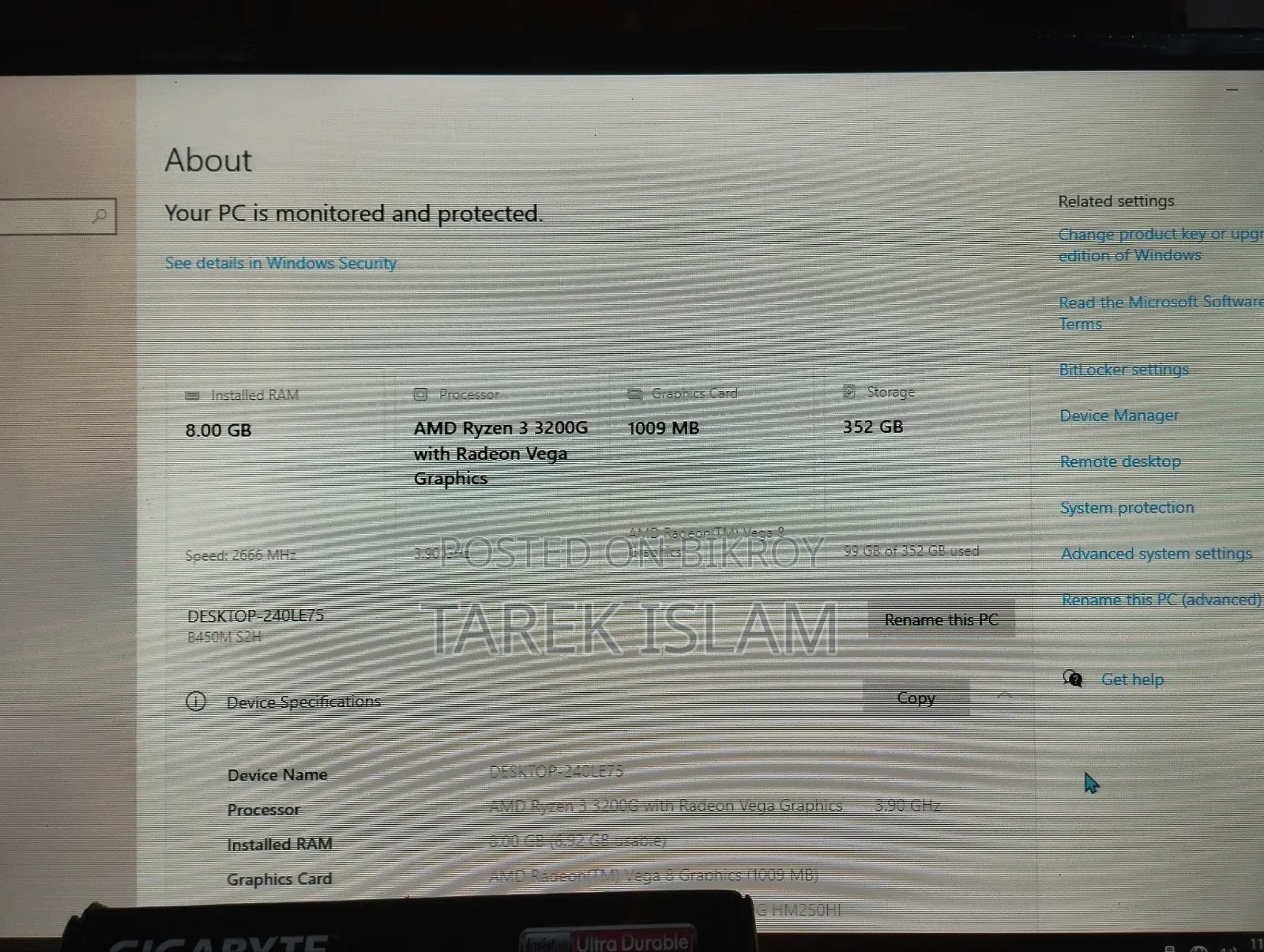 Desktop Computer Gigabyte 8GB AMD Ryzen 3 HDD+SSD 256GB