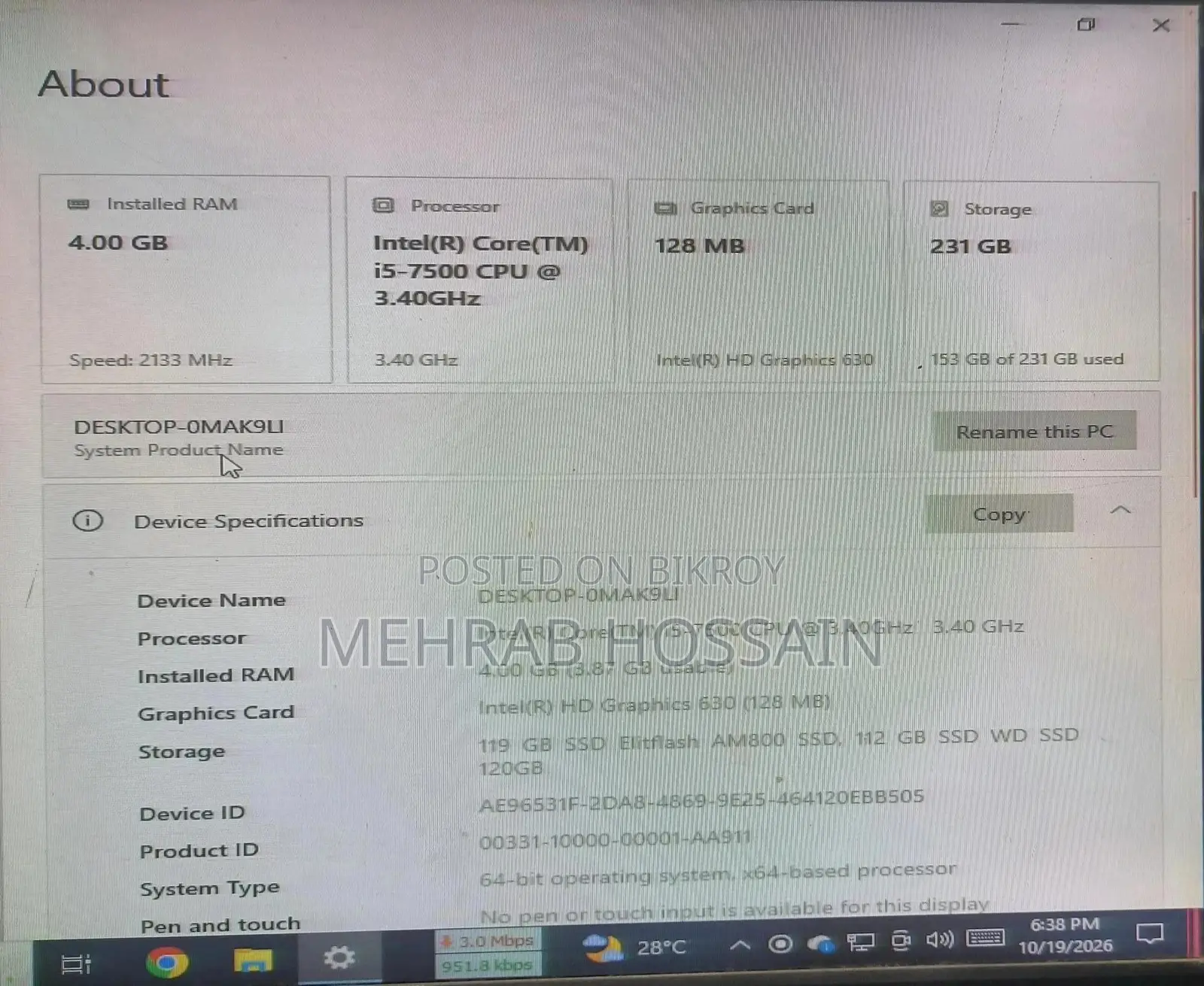 Desktop Computer Asus 4GB Intel Core i5 SSD 256GB