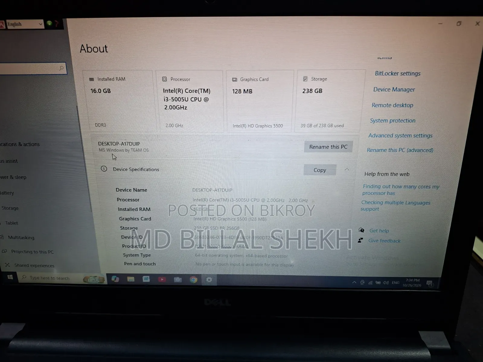 Laptop Dell Inspiron 15 3000 16GB Intel Core i3 SSD 256GB