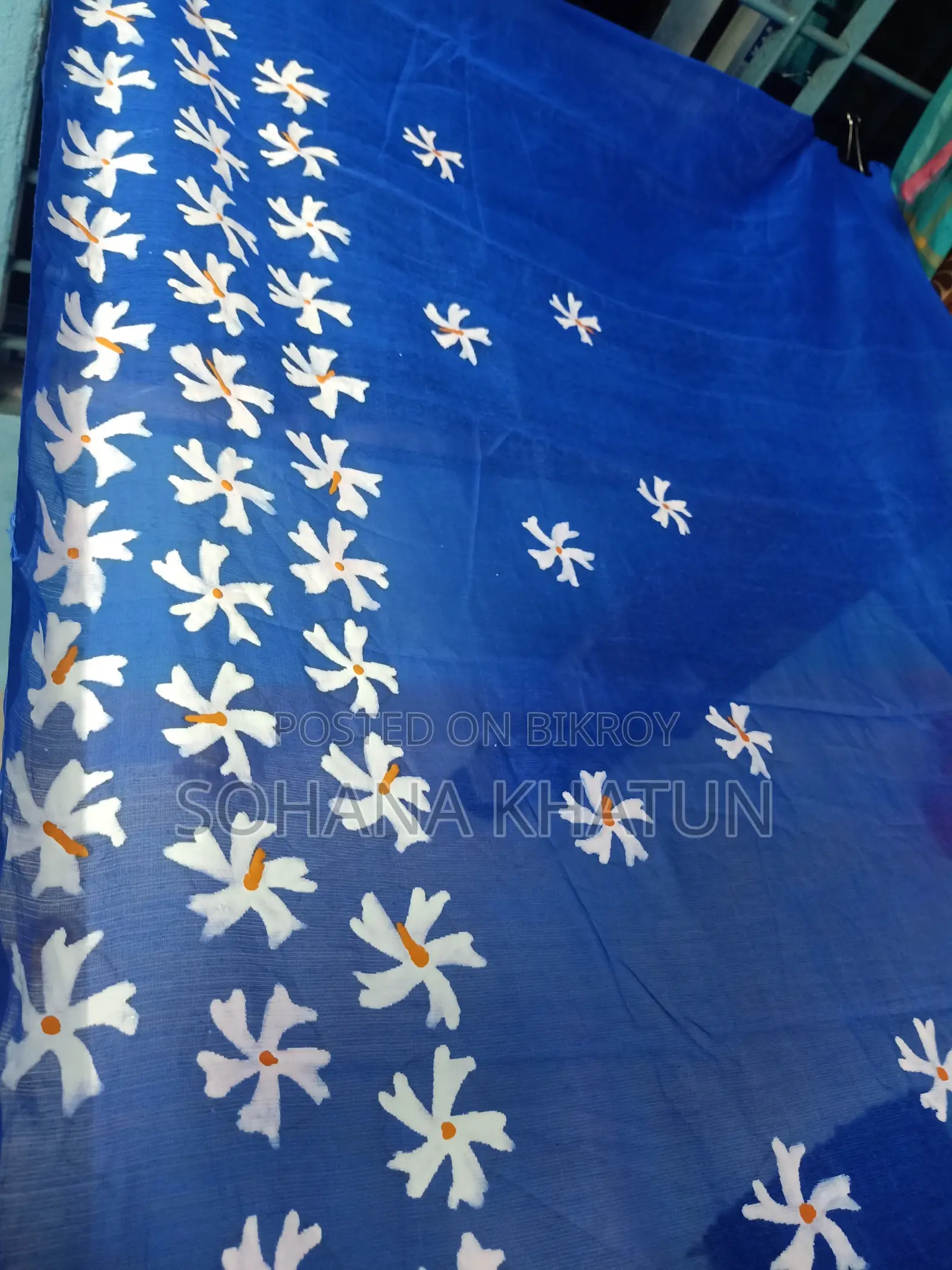 Royal Blue Half Silk Saree Hand Printed