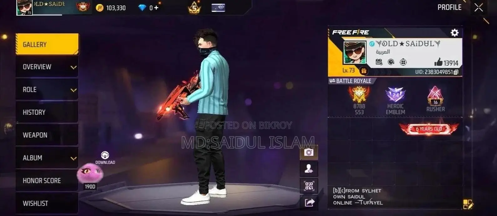 Free Fire ID with 72 thousand diamonds top-up