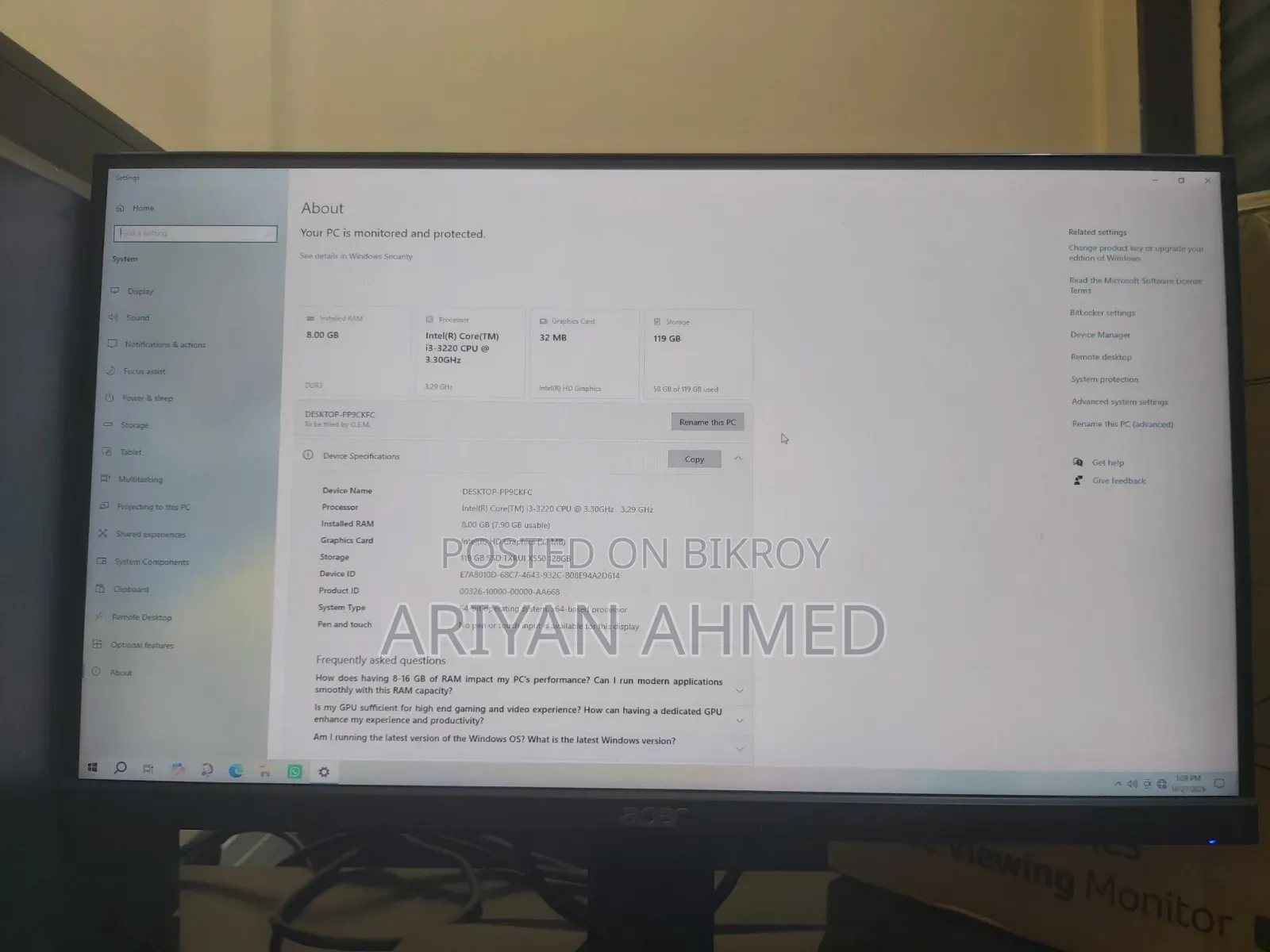 Desktop Computer Acer 8GB Intel SSD 128GB
