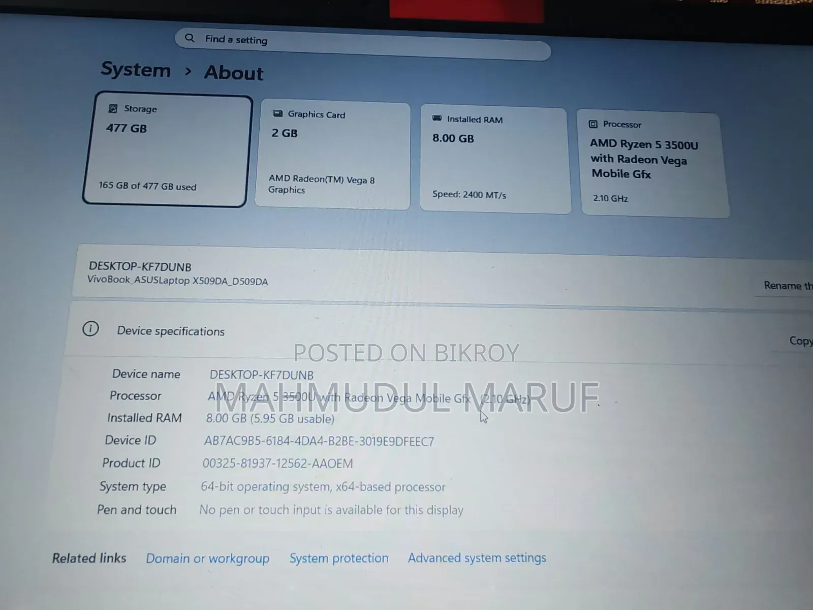 ল্যাপটপ আসুস ভিভোবুক X540SA 8GB AMD Ryzen 5 HDD 512GB