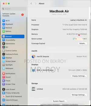 Laptop Apple MacBook Air 2020 8GB Intel Core i5 SSD 256GB