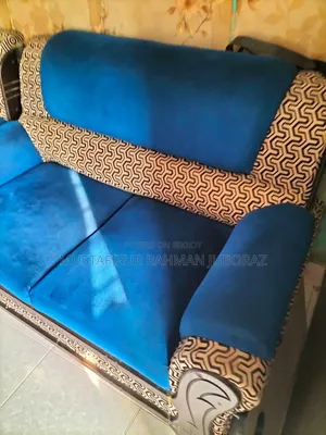 Comfortable 4-Seater(2+2)  Sofa Set - Blue Velvet & Patterned Trim