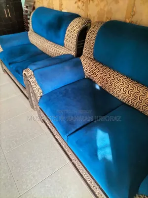 Comfortable 4-Seater(2+2)  Sofa Set - Blue Velvet & Patterned Trim