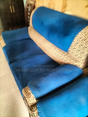 Comfortable 4-Seater(2+2)  Sofa Set - Blue Velvet & Patterned Trim