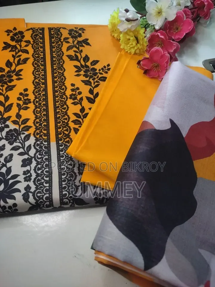 সরিষা হলুদ কালো প্রিন্টের আনস্টিচড ৩ পিস ড্রেস