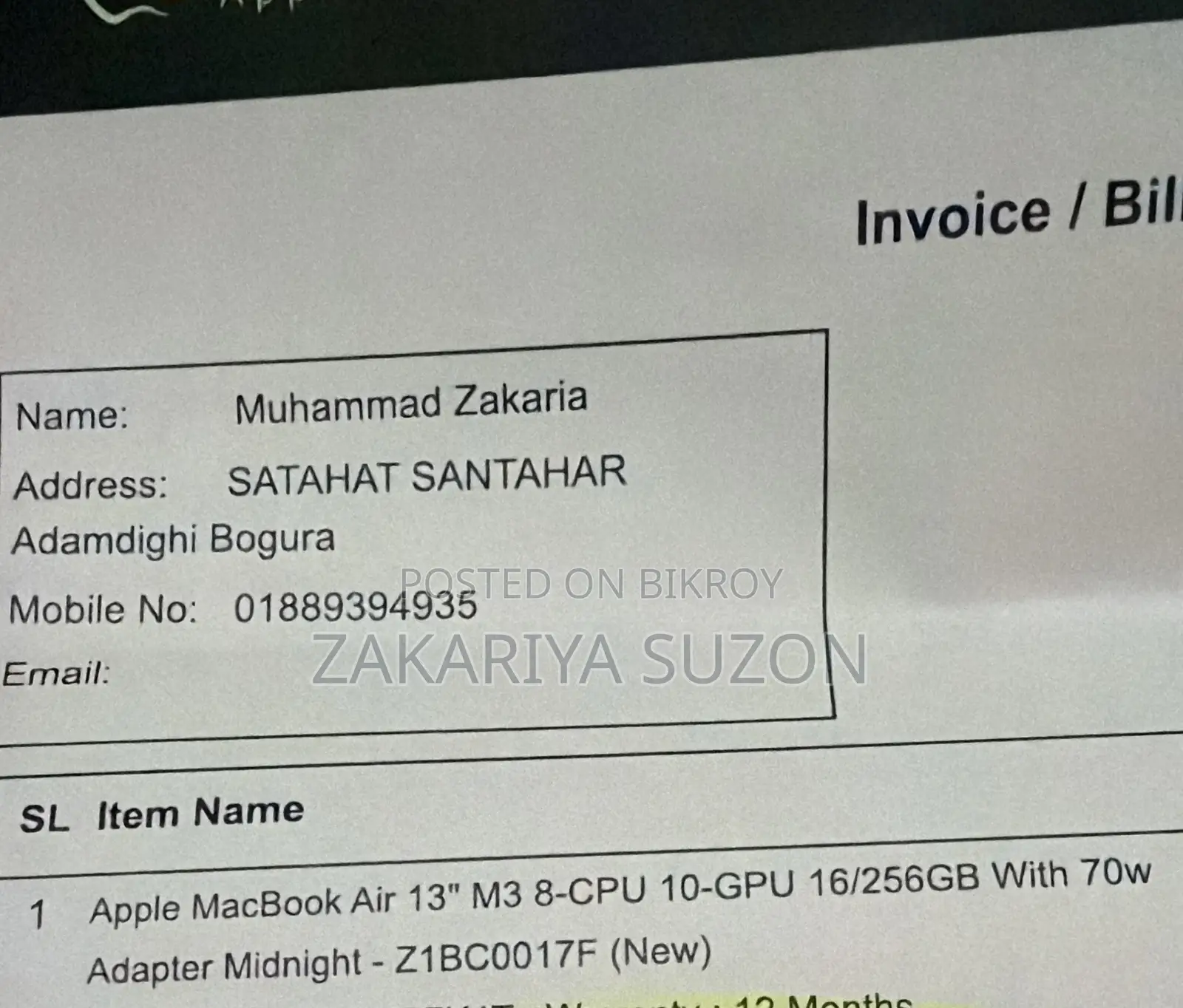 Laptop Apple MacBook Air 16GB Apple M3 SSD 256GB
