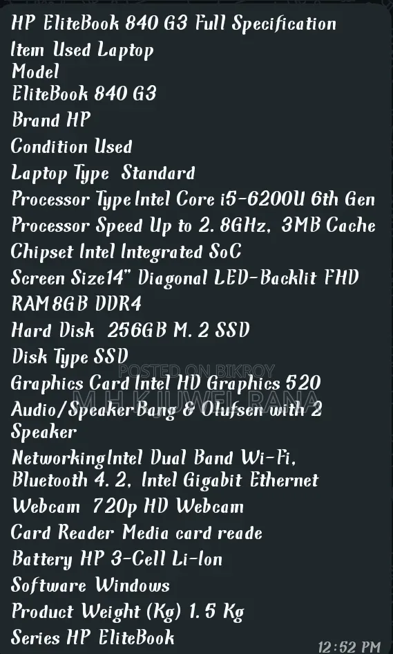 Laptop HP EliteBook 840 G3 8GB Intel Core i5 SSD 256GB