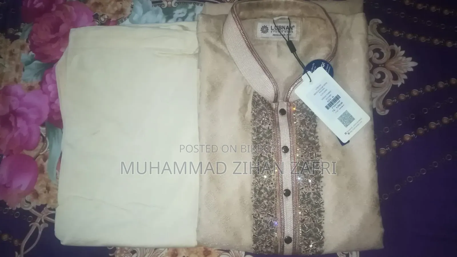 Premium Cream Colored, Golden Embroidered Men's Punjabi With Pajama