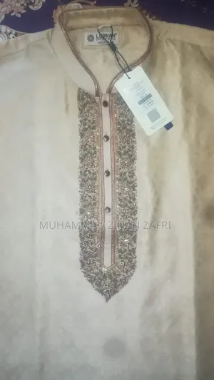 Premium Cream Colored, Golden Embroidered Men's Punjabi With Pajama