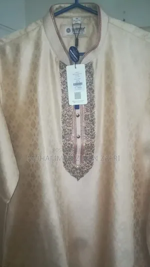 Premium Cream Colored, Golden Embroidered Men's Punjabi With Pajama