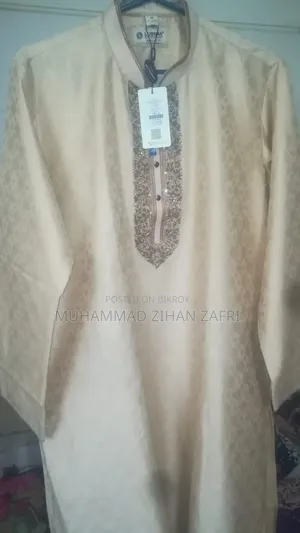 Premium Cream Colored, Golden Embroidered Men's Punjabi With Pajama