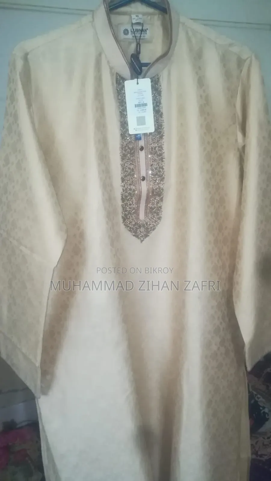 Premium Cream Colored, Golden Embroidered Men's Punjabi With Pajama